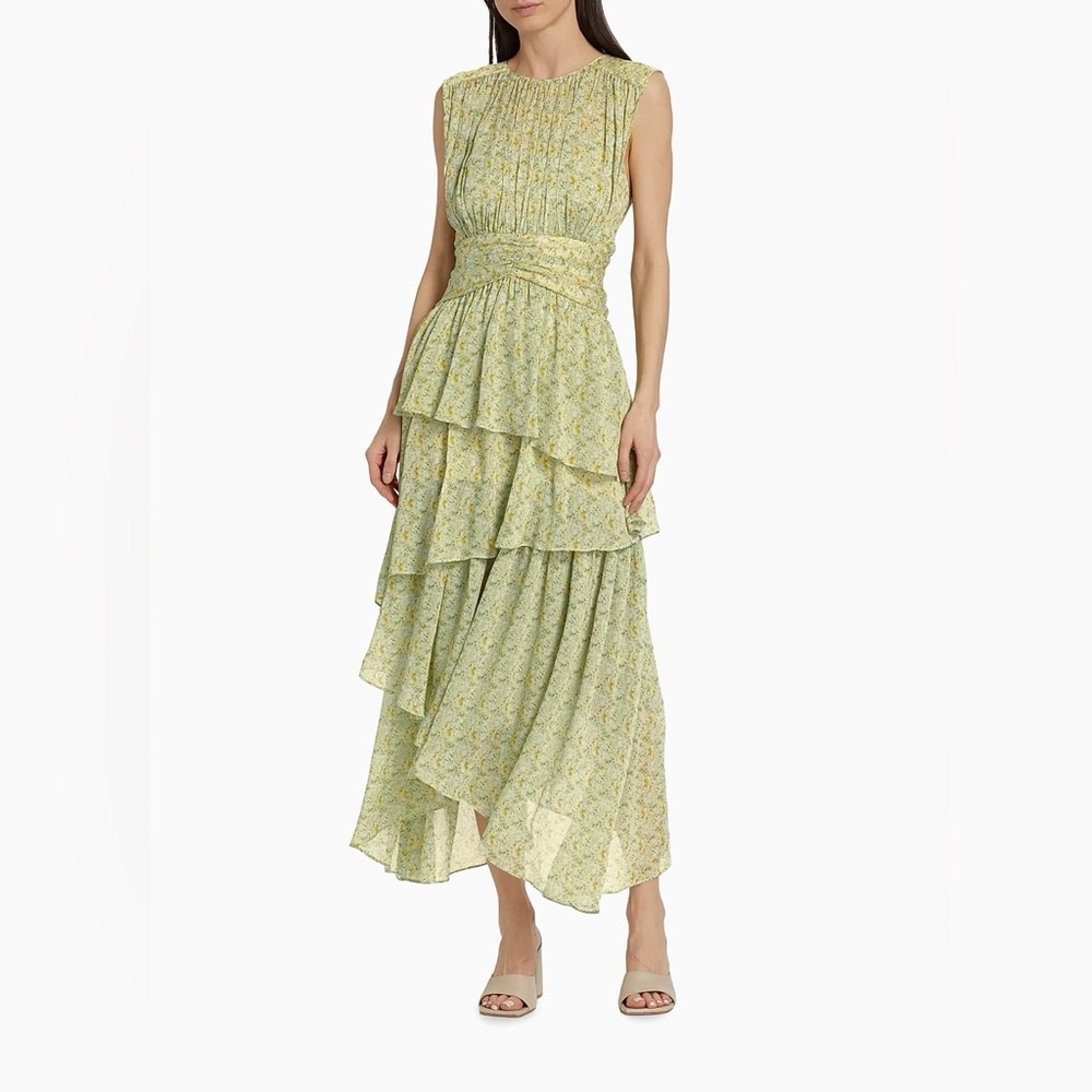 Astr Pale Green Floral Tiered Midi Dress